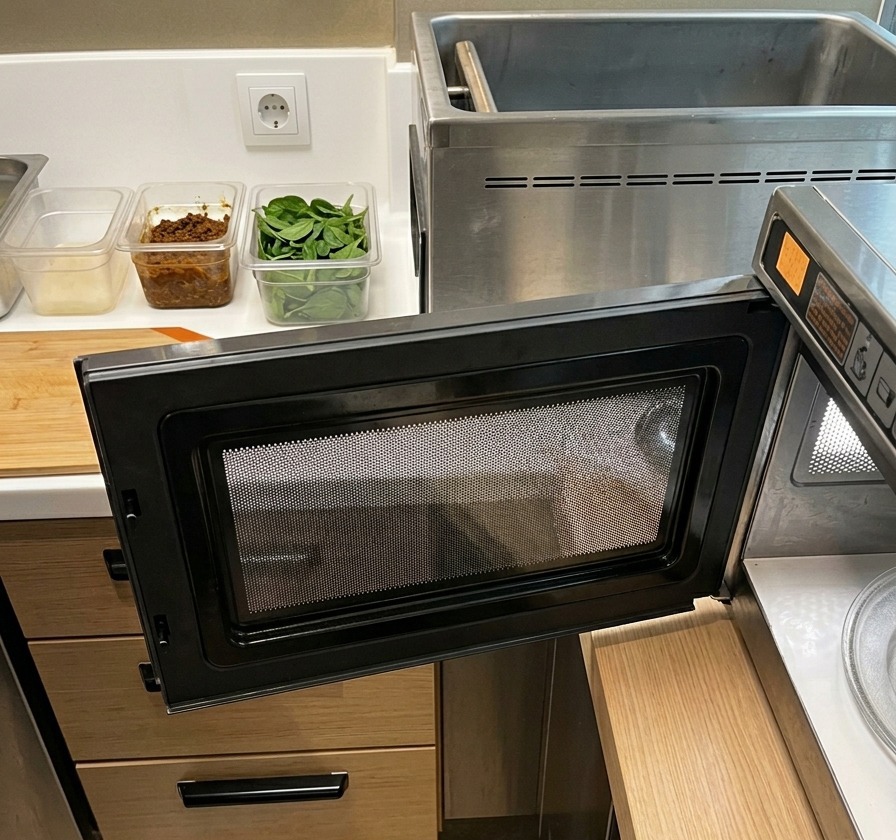 キッチンのカウンターの上、まな板の横にある開いた業務用の電子レンジ。