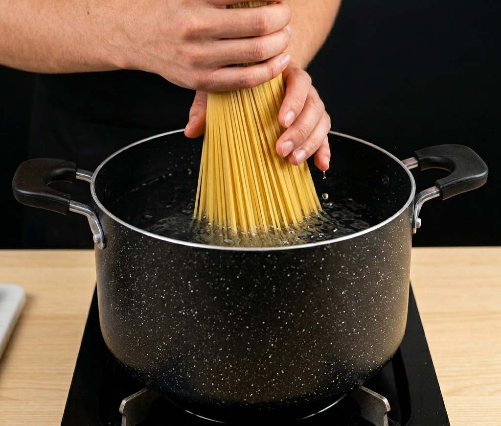 沸騰した黒い鍋に、乾燥スパゲッティの束を垂直に立てて押し入れている様子。