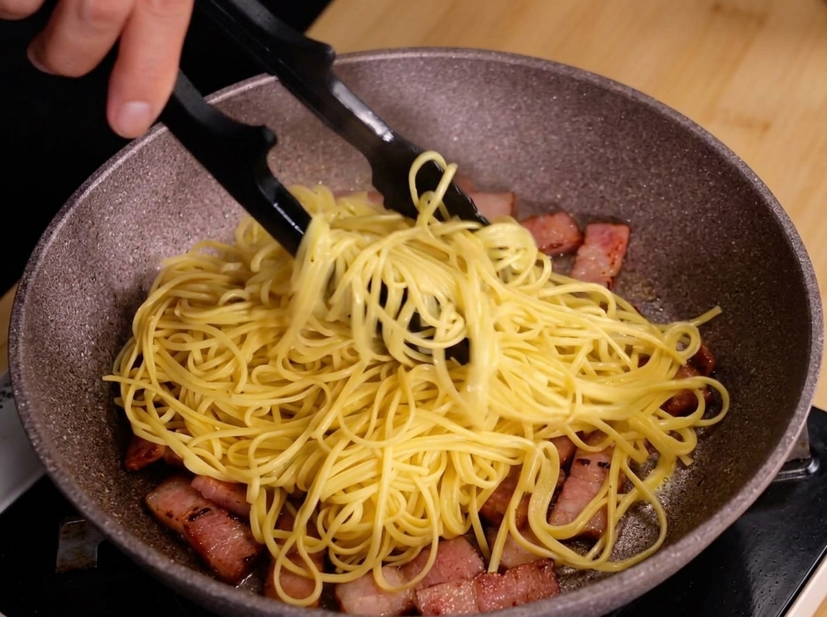 黒いトングで、ベーコンが入ったフライパンの中にスパゲッティを入れ、混ぜ合わせている様子。
