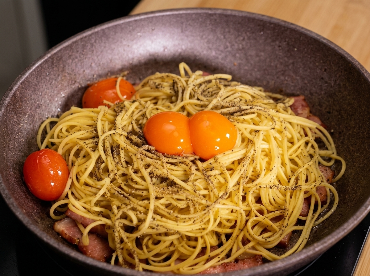 胡椒を振ったパスタの上に、2つの鮮やかなオレンジ色の卵黄がのっているフライパンの中身。