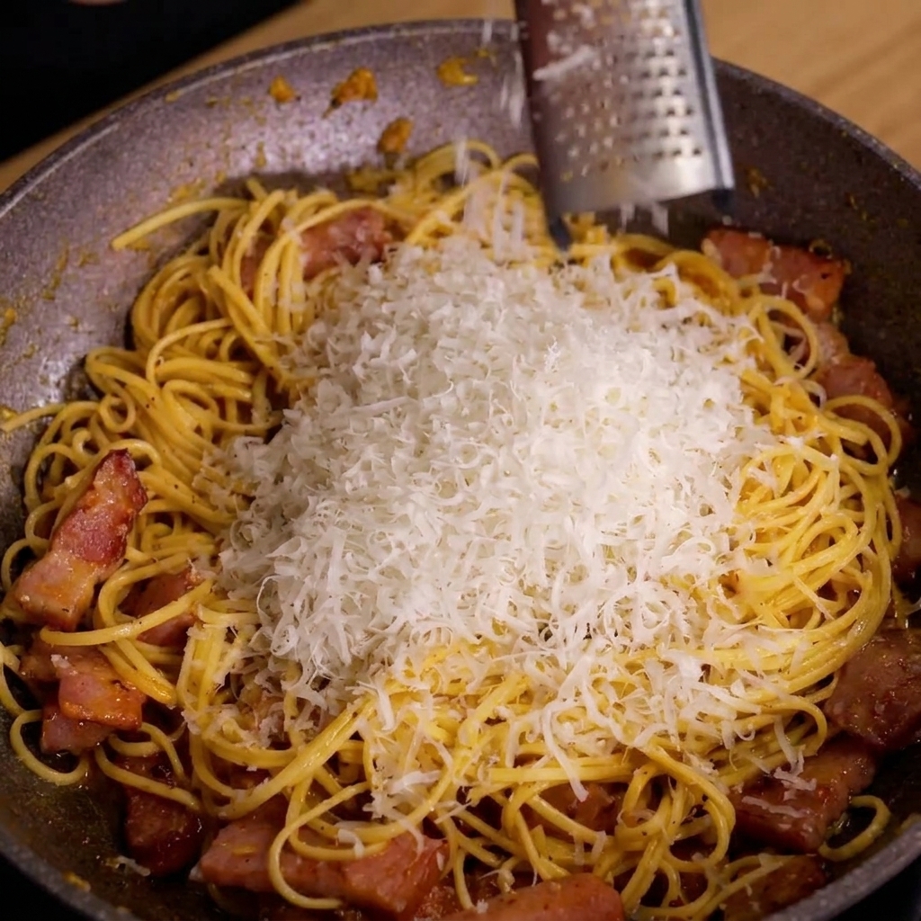 おろし金を使って、パスタの上にパルメザンチーズを細かく削り落としている様子。