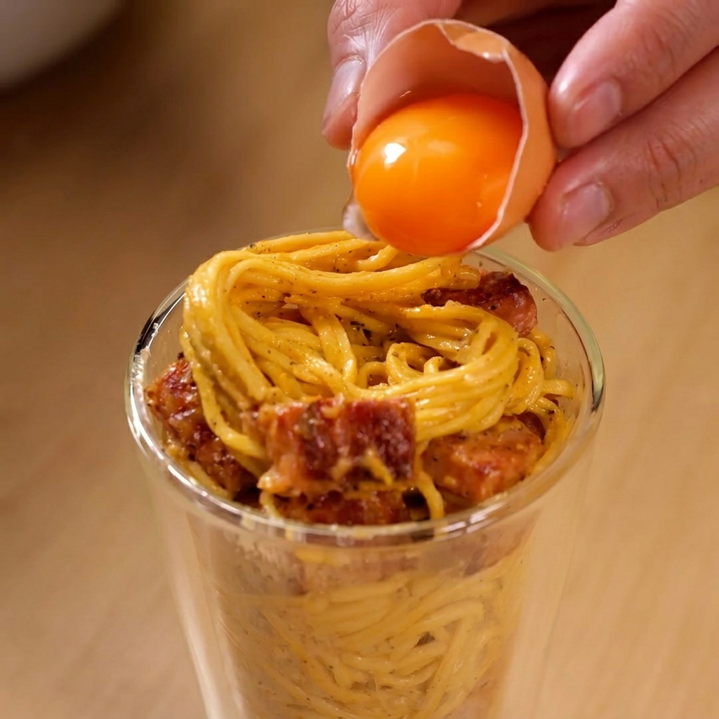 グラスに盛られたパスタの中央に、手元の卵の殻から鮮やかな卵黄を落としている様子。