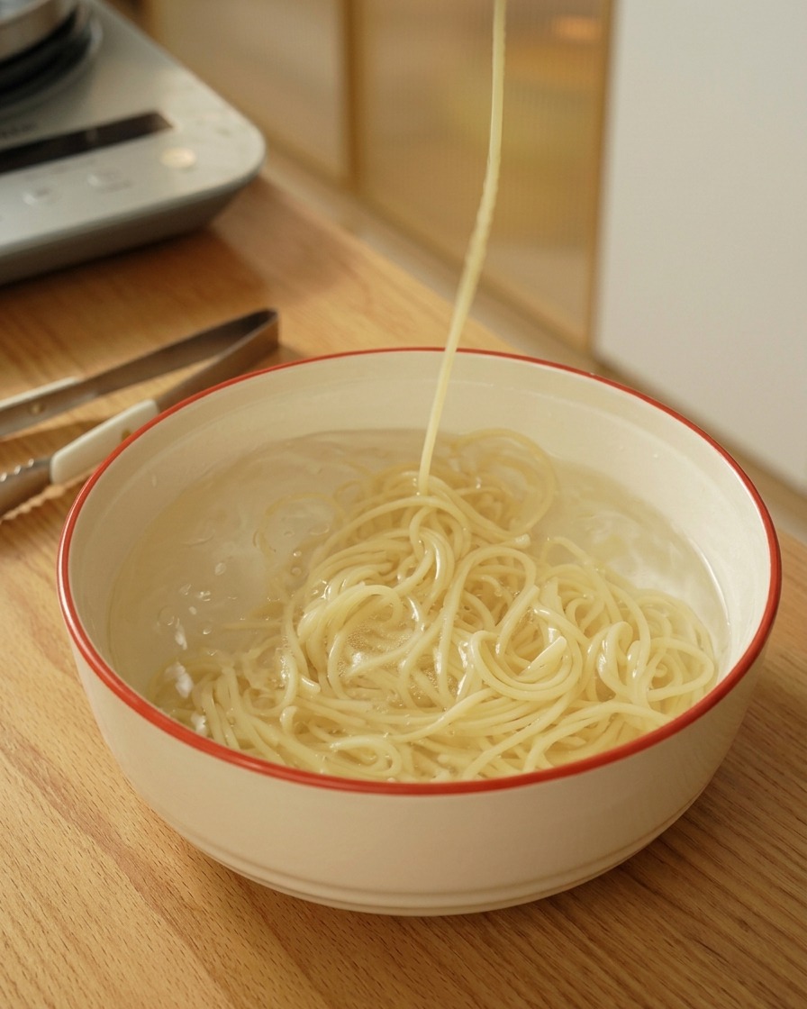 冷水の入ったボウルから、茹で上がったスパゲッティを引き上げている様子。