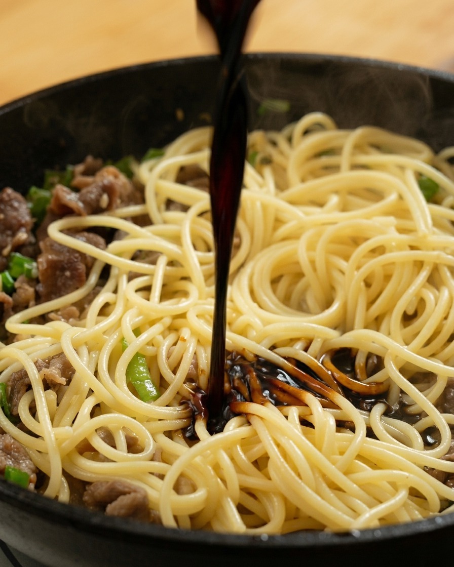 フライパンのスパゲッティと牛肉の上に、合わせ調味料をかけている様子。