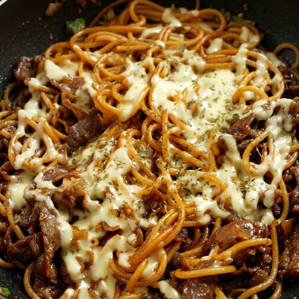 溶けたチーズの上に乾燥パセリが散らされた、完成したスパゲッティ。