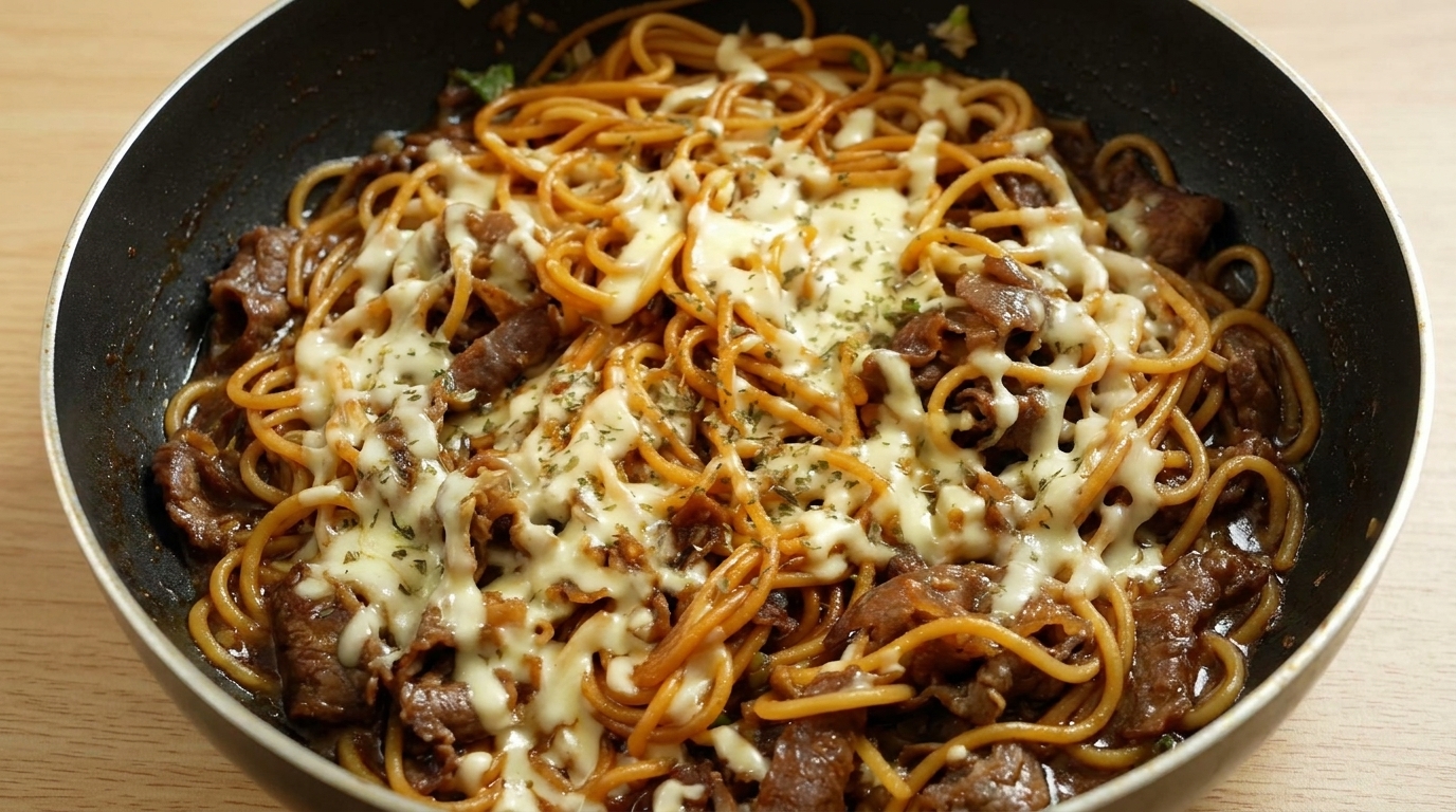 熱々のフライパンの上で、とろけるモッツァレラチーズをたっぷりまとった牛肉の焼きスパゲッティ。