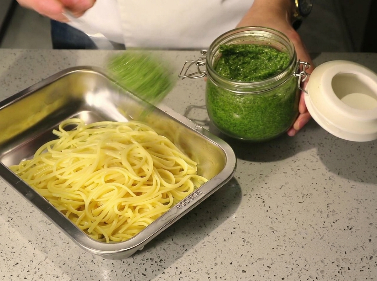 茹で上がったスパゲッティに、たっぷりのジェノベーゼソースをのせている様子。