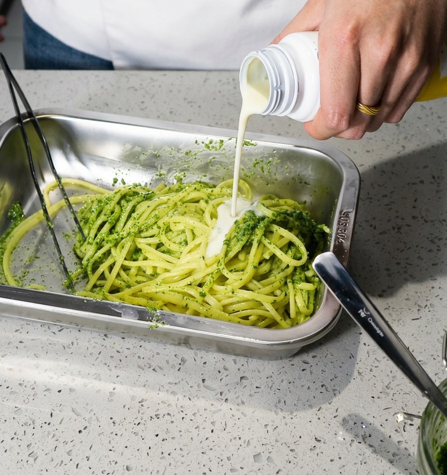 ソースを和えたパスタに、白いチーズ風味のヨーグルトをかけている様子。