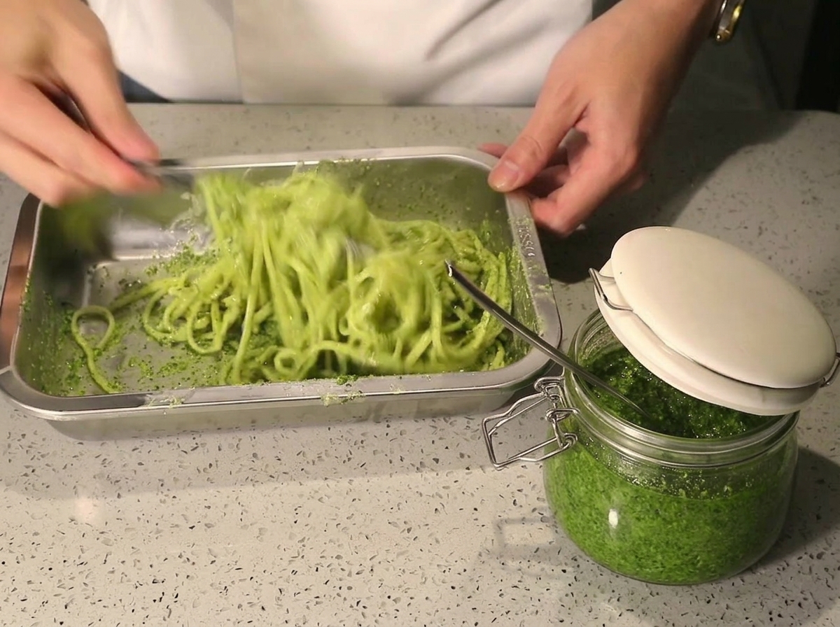 トングを使って、パスタとソースをムラなく混ぜ合わせている手元。
