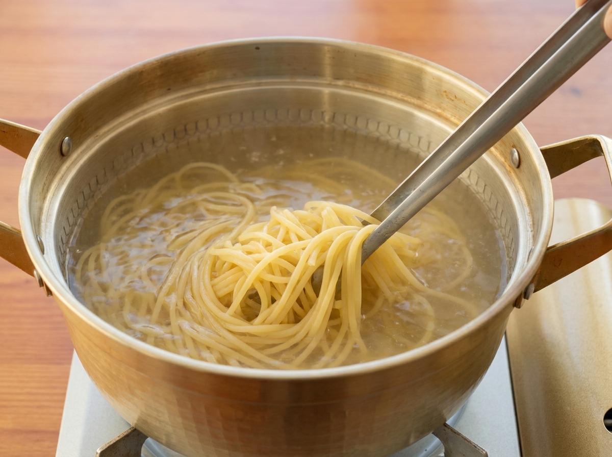 ステンレスの鍋で激しく沸騰するお湯の中のスパゲッティを、金属製のトングで持ち上げて混ぜている様子。