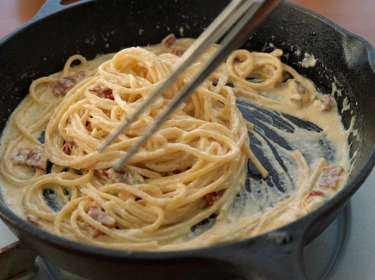 金属製のトングを使い、クリーミーなトマトソースの中でスパゲッティを和えている様子。