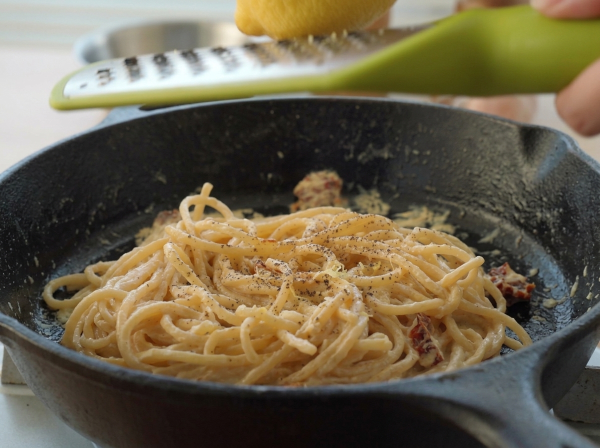 グリーンのマイクロプレイン(おろし器)を使い、パスタの上から新鮮な黄色のレモンの皮を削っている様子。