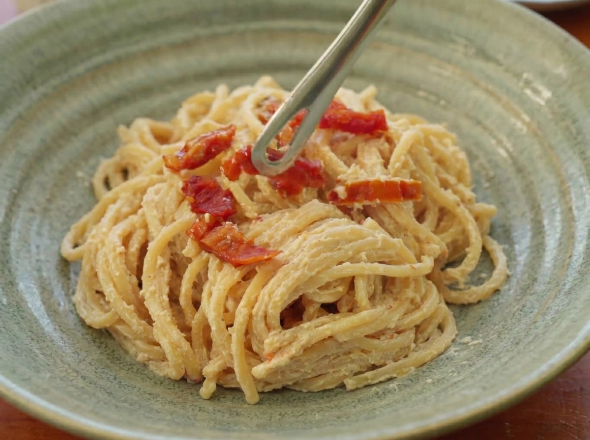 シルバーのトングを使い、グリーンのボウルに盛られたパスタの上に赤いドライトマトを丁寧に盛り付けている様子。