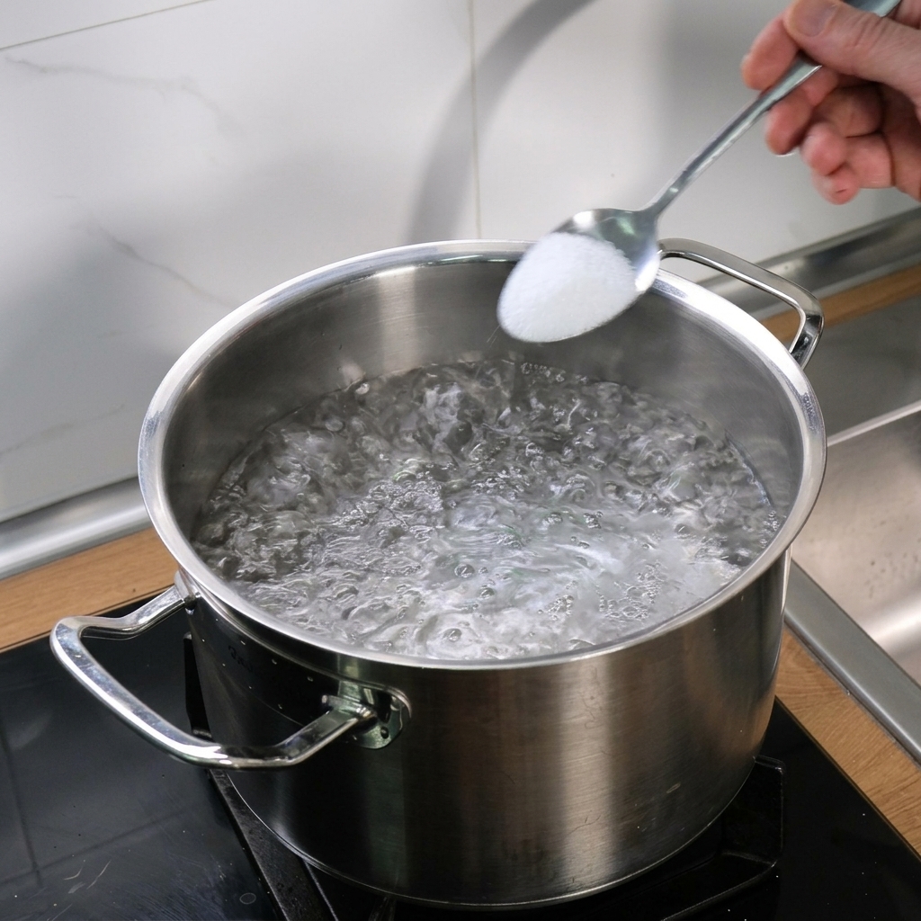沸騰した鍋のお湯に、スプーン一杯の塩を振り入れている様子。