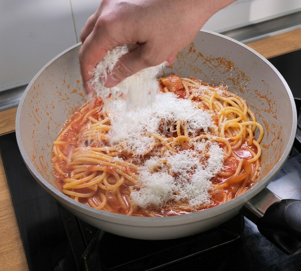 ソースと絡めたパスタの上に、削ったペコリーノチーズをたっぷり振りかける様子。