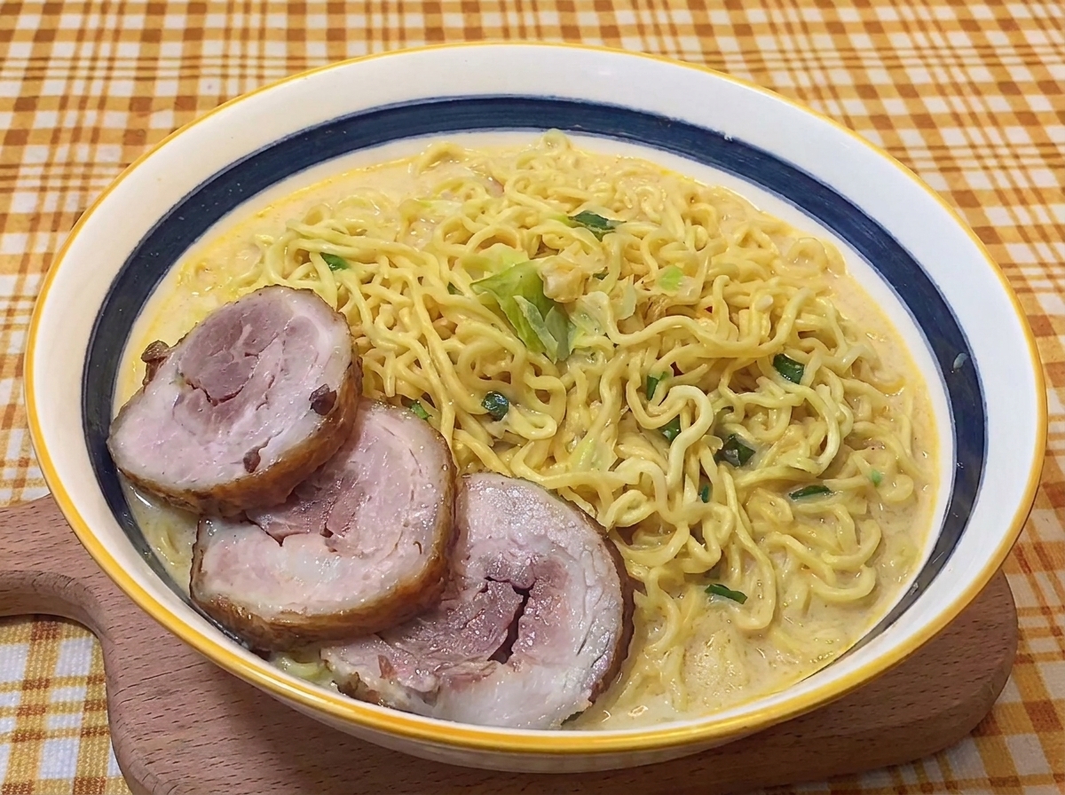 クリーミーなスープのラーメンの上に、3枚のロールチャーシューが添えられている様子。
