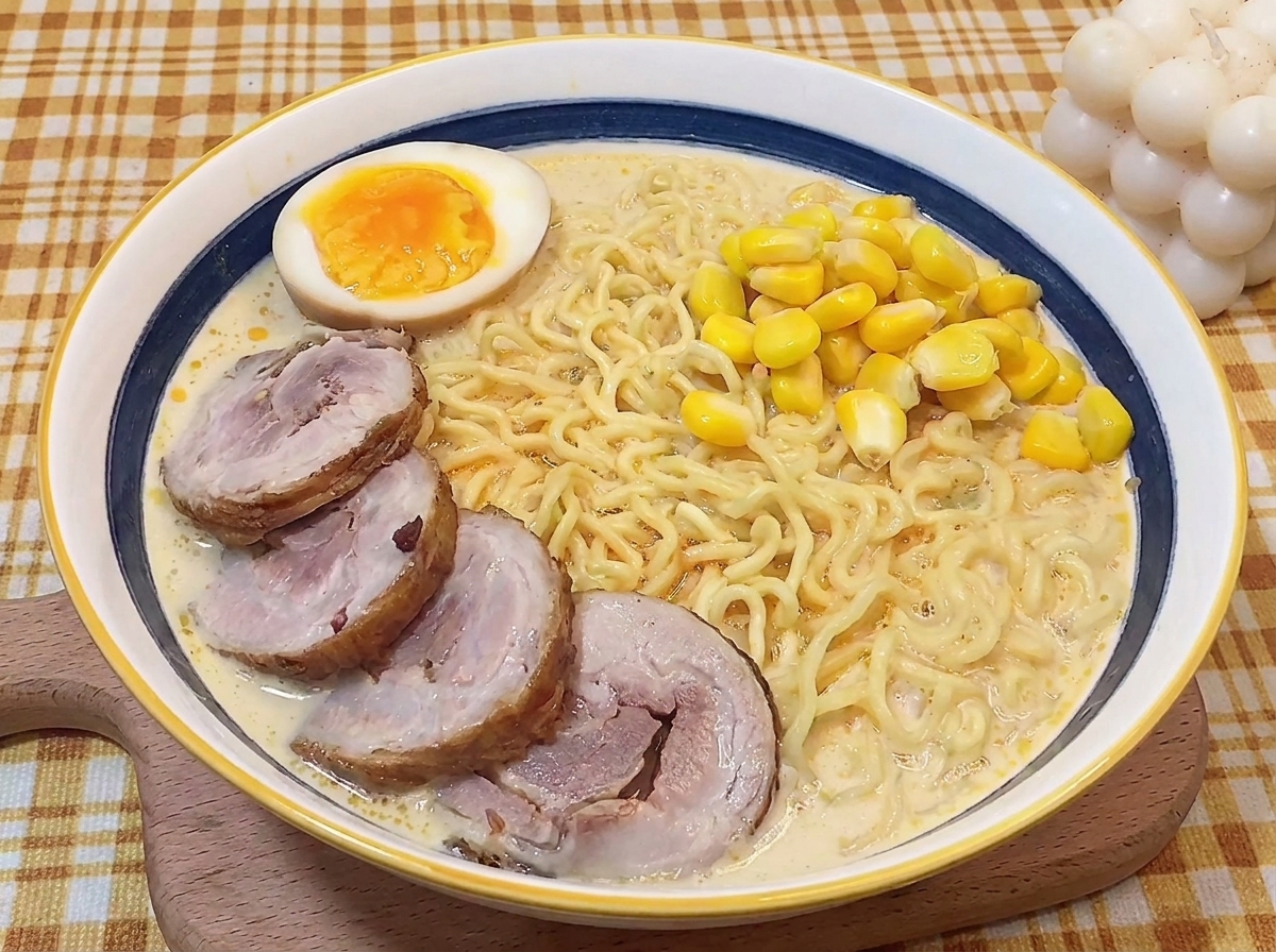 チャーシュー、たっぷりのスイートコーン、半分に切った煮卵がのったラーメン。