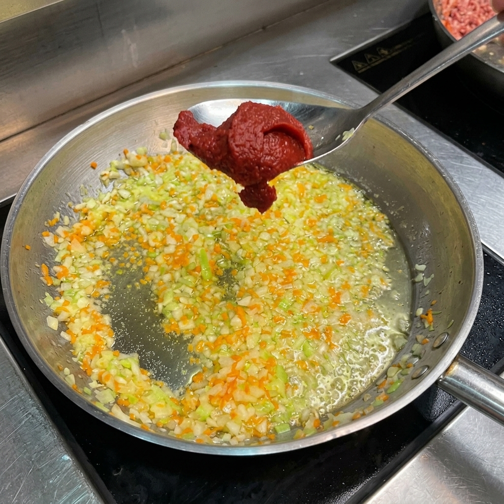 炒めた野菜が入ったフライパンの上で、スプーンに乗った濃い赤色のトマトペーストを加えようとしている様子。