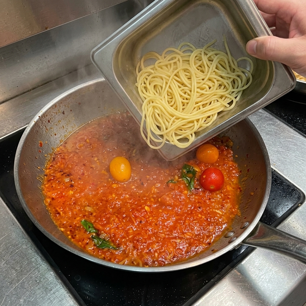 煮え立つトマトソースのフライパンに、茹で上がったスパゲッティを移し入れている様子。