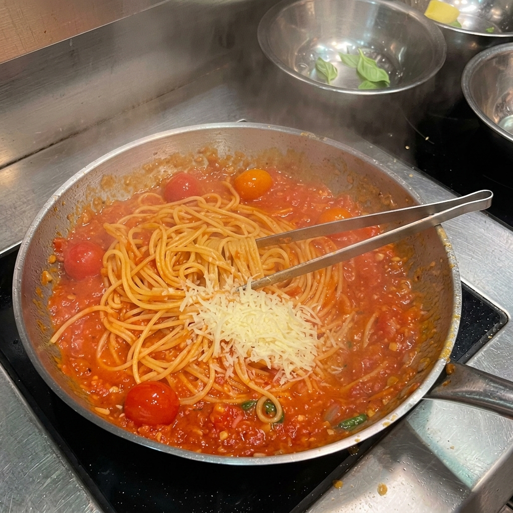 フライパンの中のパスタの上に、パルメザンチーズと角切りのバターが乗っている様子。