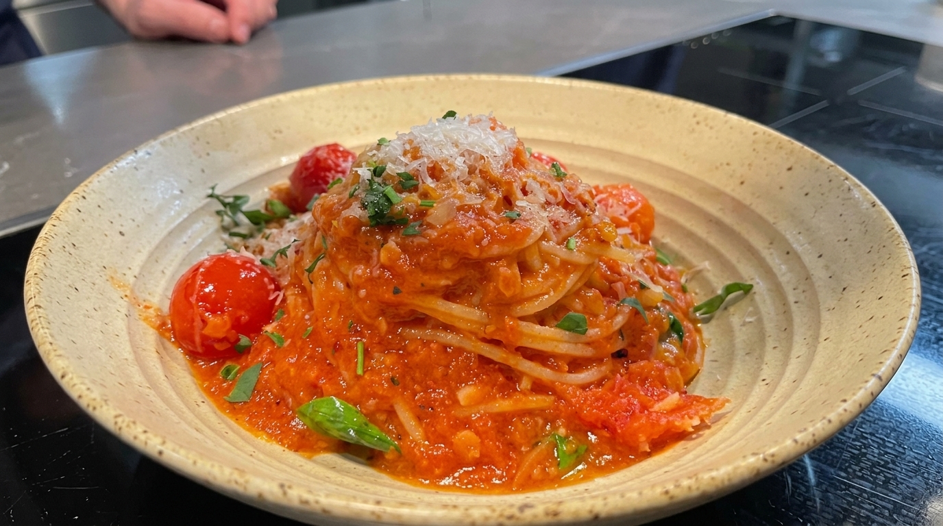 濃厚自家製トマトソースのバジルスパゲッティ