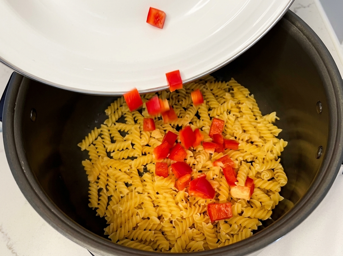 パスタが入った釜に、角切りにした赤パプリカを加えている様子。