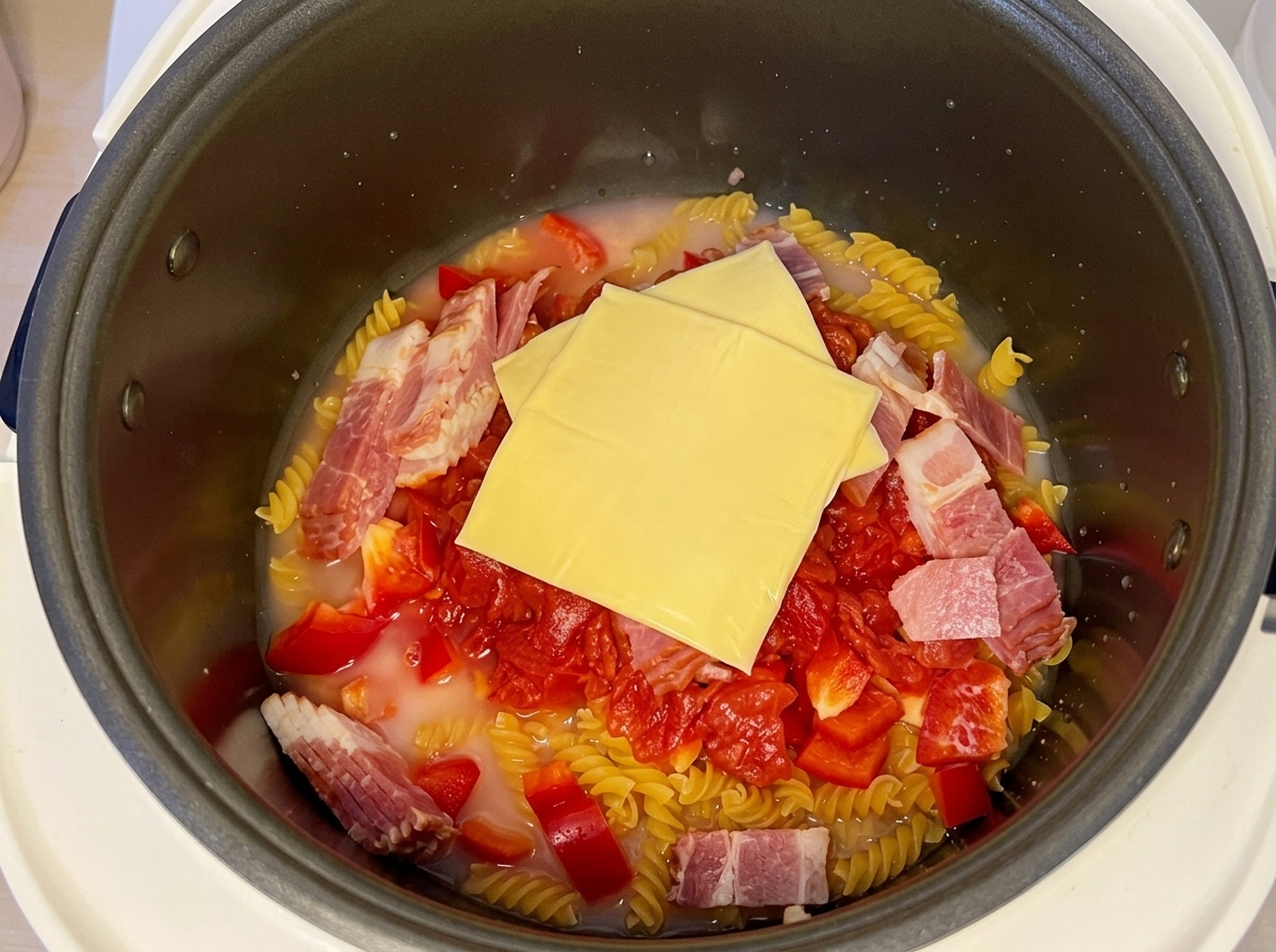 水分を満たした釜の一番上にスライスチーズを2枚のせている様子。