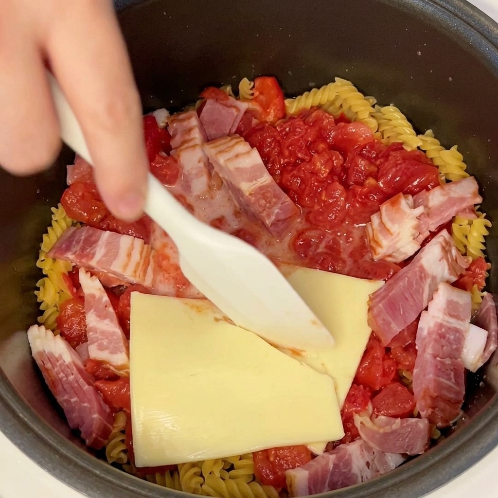 スパチュラを使って、釜の中の具材と液体を軽く混ぜ合わせている様子。