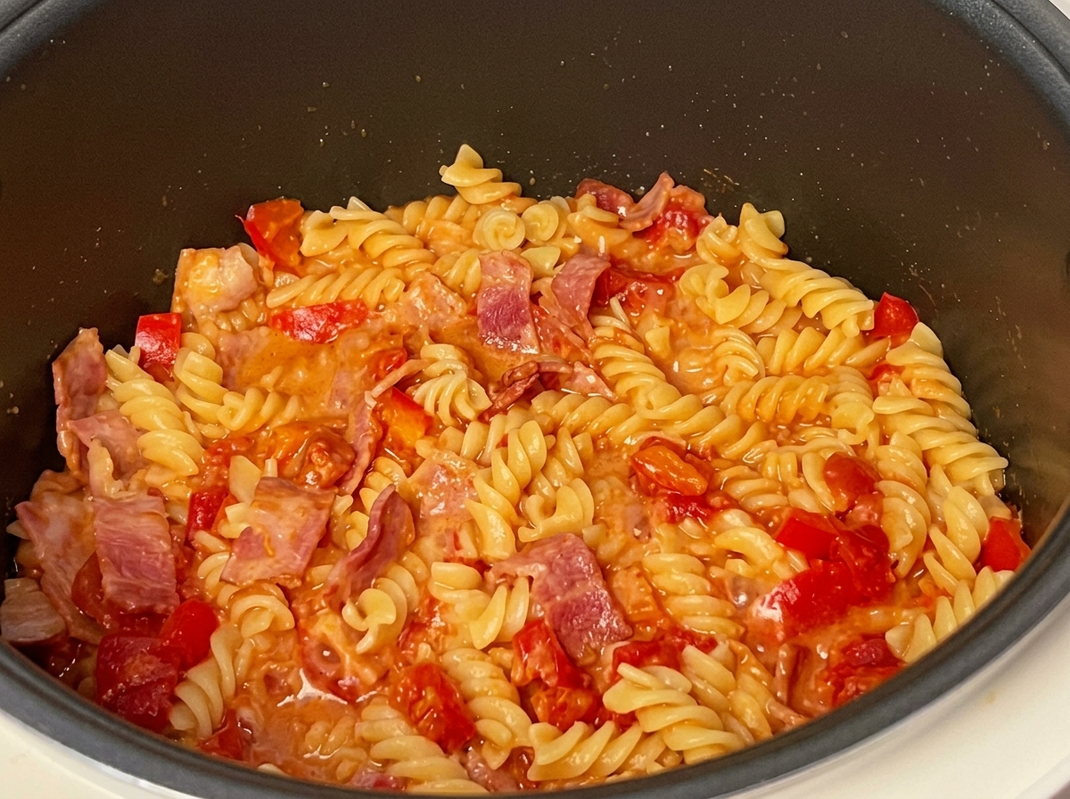 炊飯が完了し、ソースが煮詰まった熱々のパスタが釜の中にある様子。