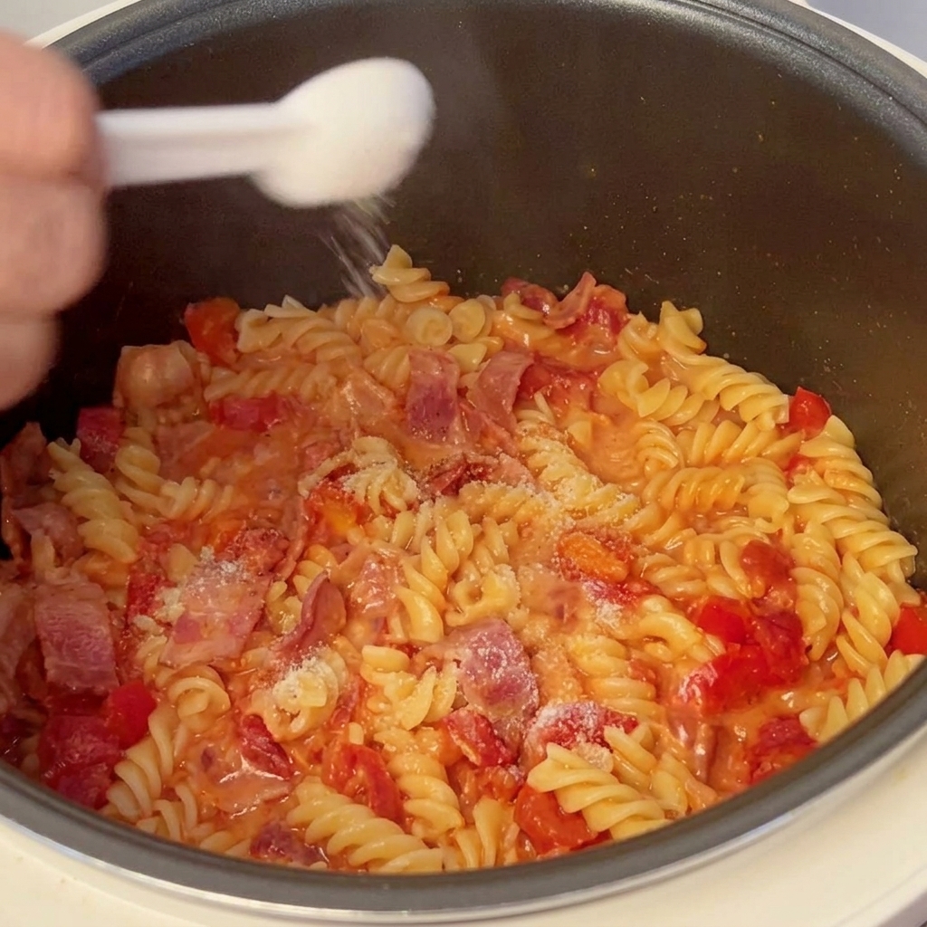 釜の中のパスタに、小さなスプーンで塩を振りかけている様子。