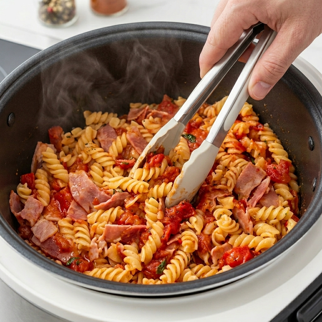 トングを使って、釜の中でパスタ、トマト、ベーコンを力強く混ぜ合わせている様子。
