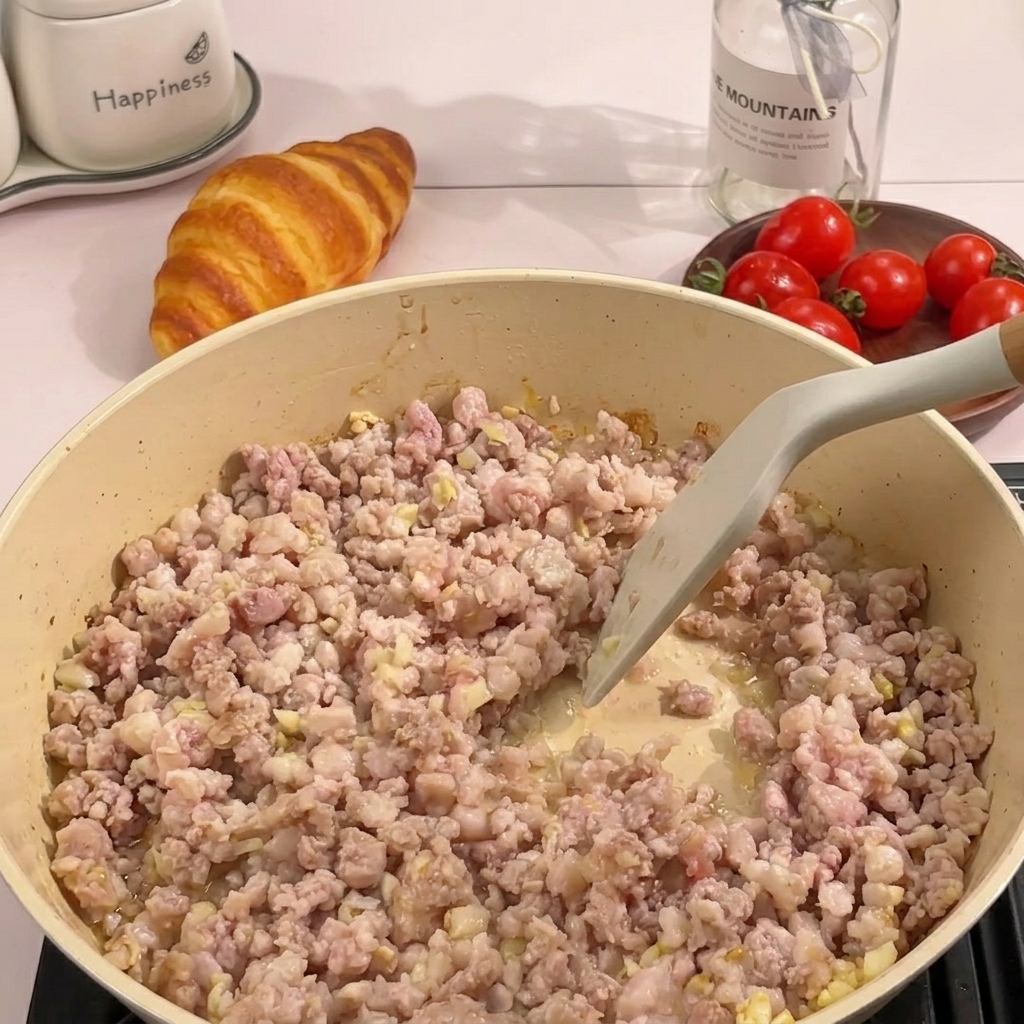 フライパンでひき肉をほぐしながら炒める様子