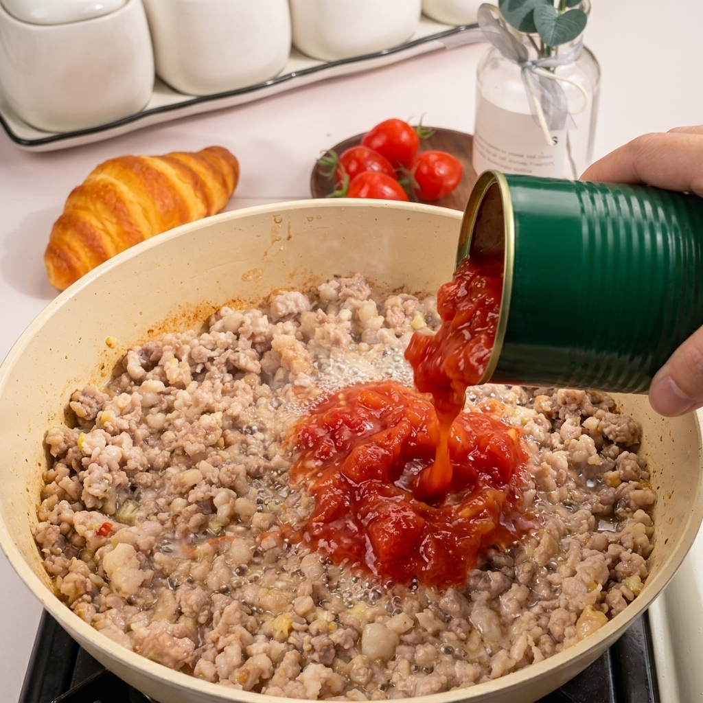 ひき肉の入ったフライパンにダイストマト缶を加える様子