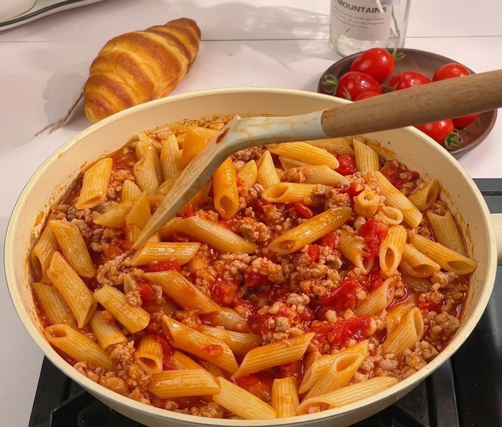 パスタとソースを混ぜ合わせる様子