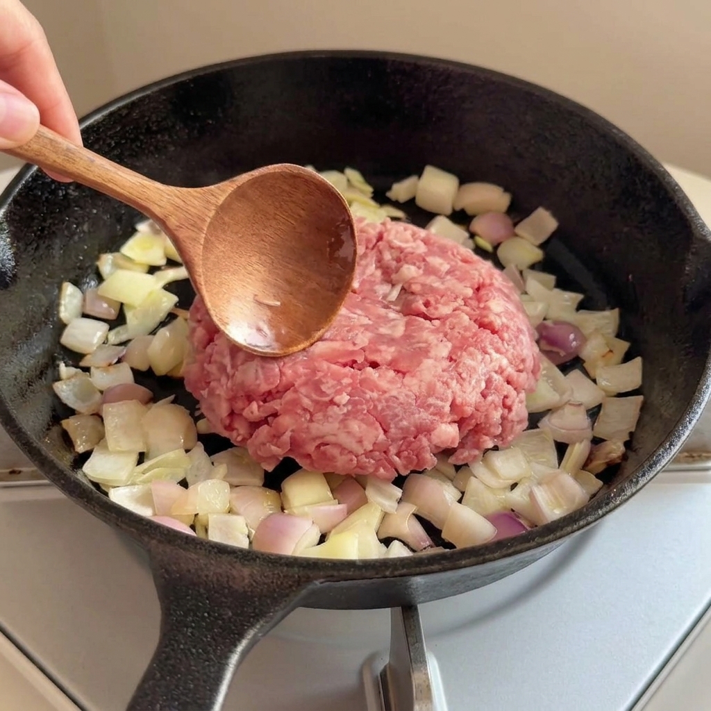 炒めた玉ねぎの上に生の牛挽肉を乗せたスキレット