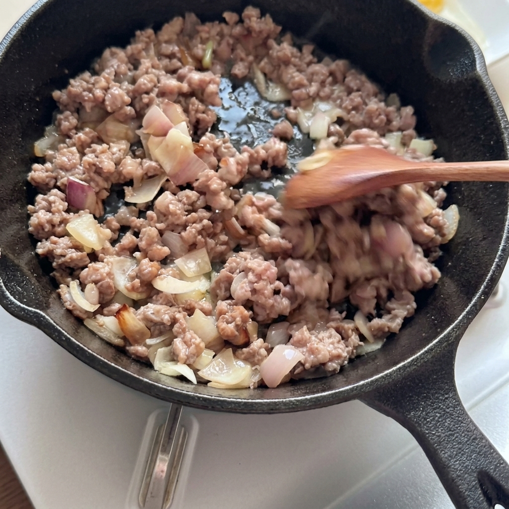 完全に火が通って茶色くなった牛挽肉と玉ねぎ