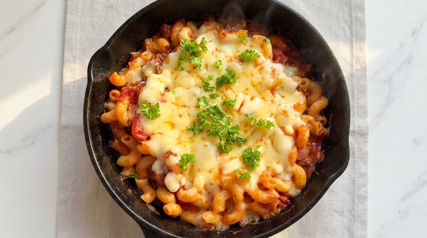 スキレットで作る！とろ～りチーズのトマト牛挽肉マカロニ