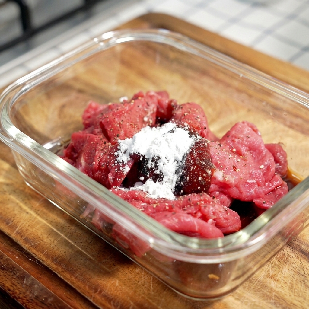 ガラス容器に入った牛肉に、白い片栗粉と調味料をのせた様子。