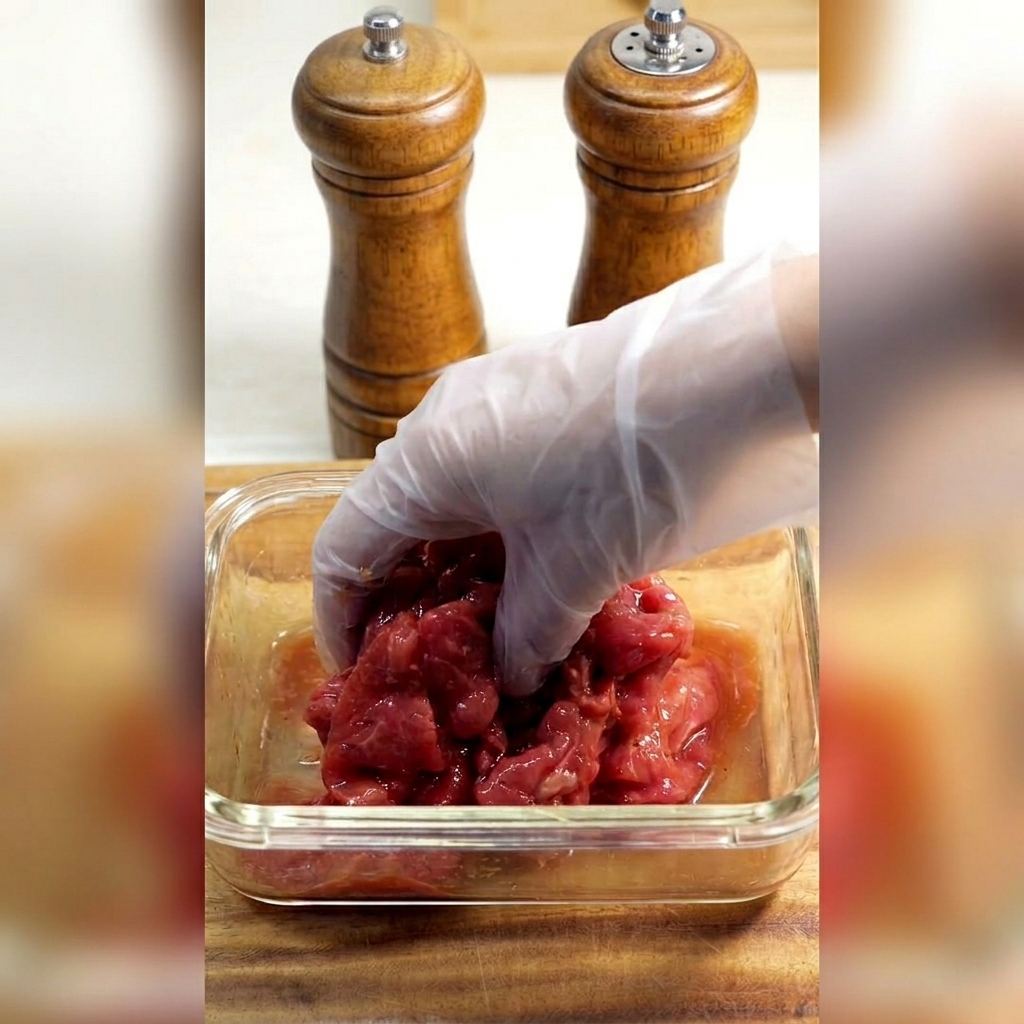 手袋をした手で、牛肉と調味料をよく混ぜ合わせている様子。