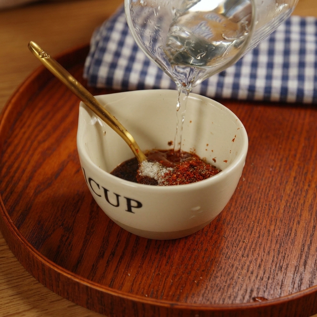 スパイスや調味料が入ったボウルに、ピッチャーから水を注ぐ様子