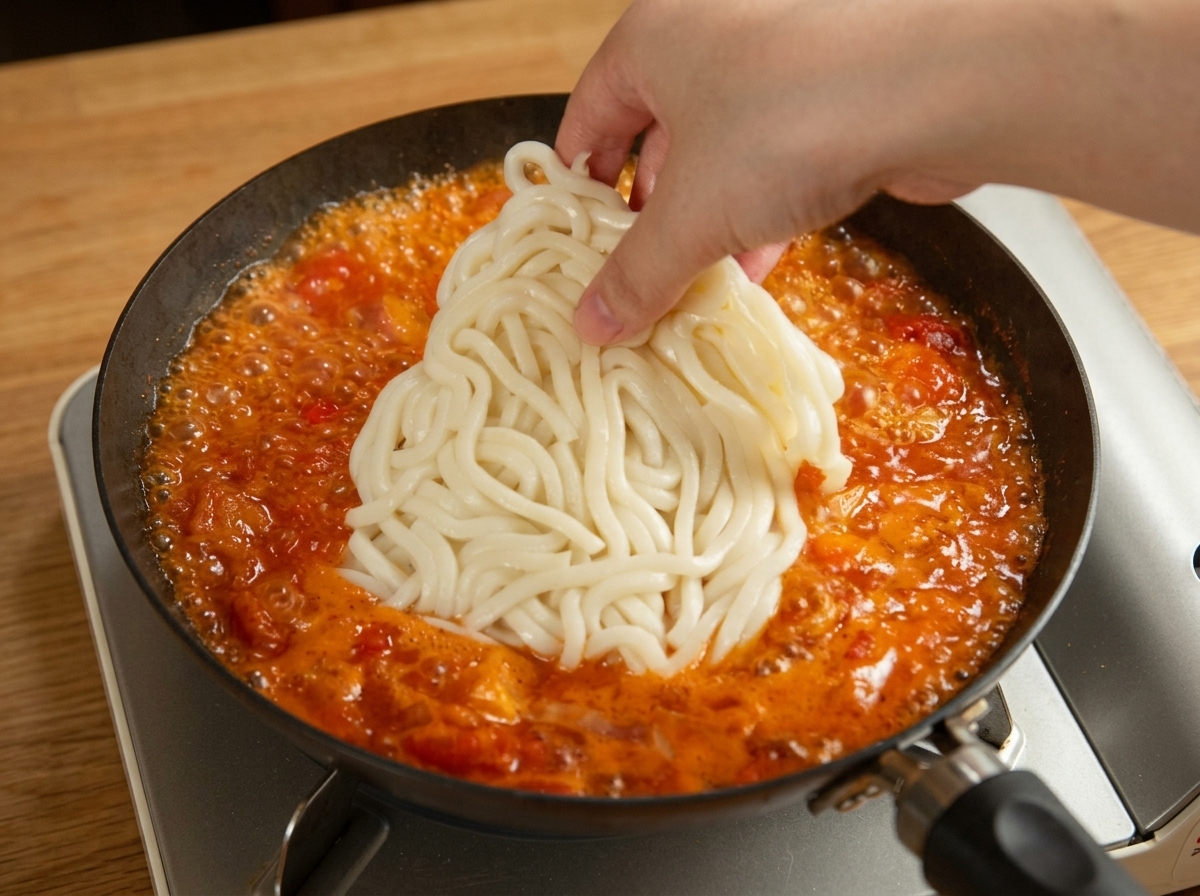 ソースが煮立つフライパンにうどんを入れ、その上にチーズをたっぷりのせている様子