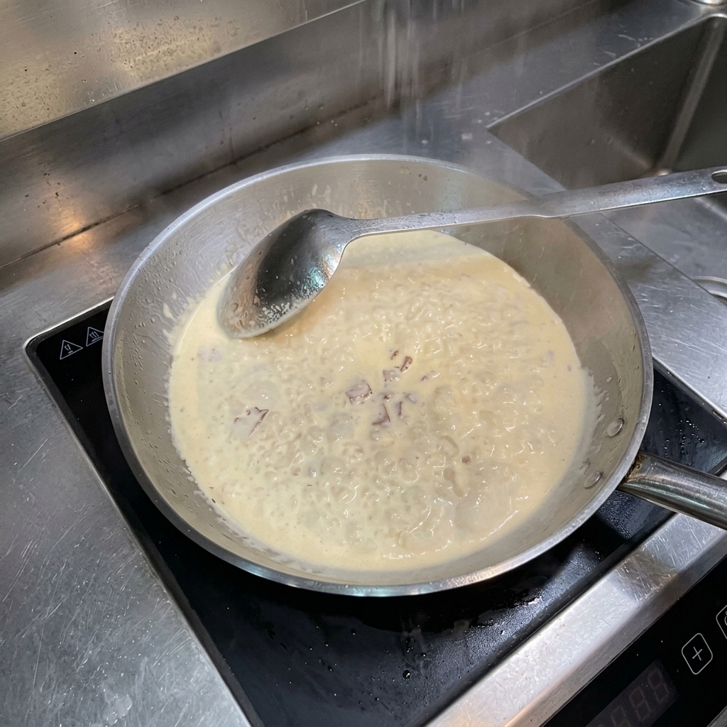 simmering 状態のソースに上から塩を振りかける様子。