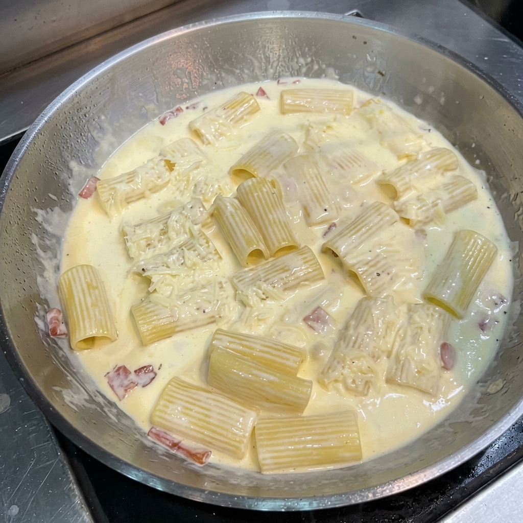 ソースの中で溶けゆくバターの塊とリガトーニのアップ。
