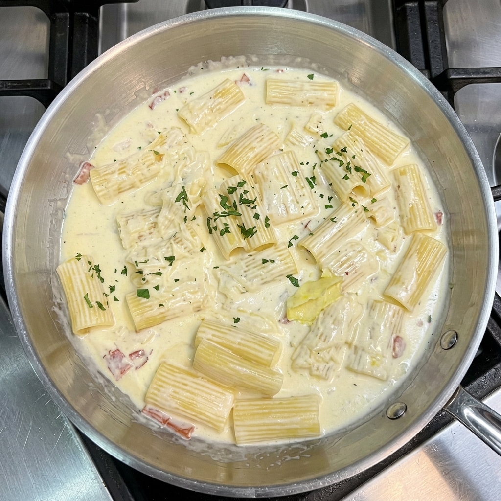 完成間近のパスタに鮮やかな緑のパセリを散らす様子。