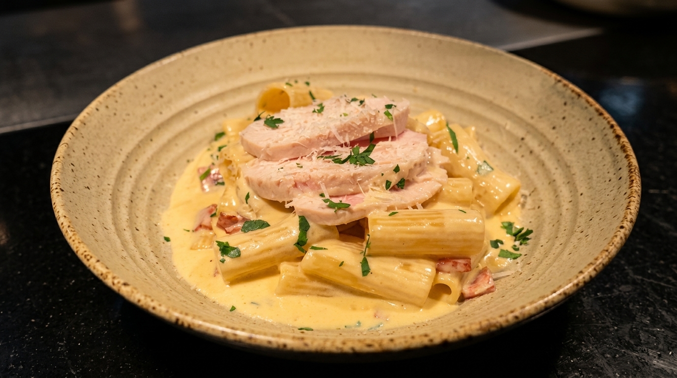 鶏むね肉とベーコンの濃厚クリームリガトーニ