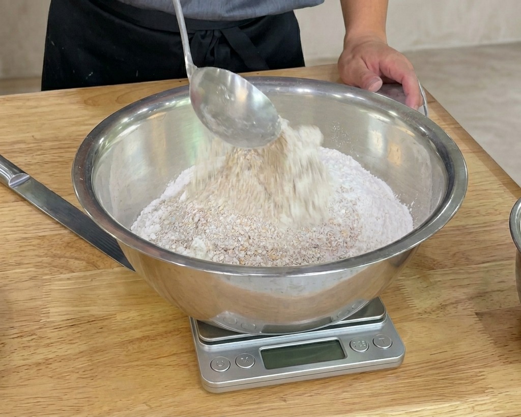 強力粉の入ったボウルに、ラドルで全粒粉を注ぎ入れている様子。