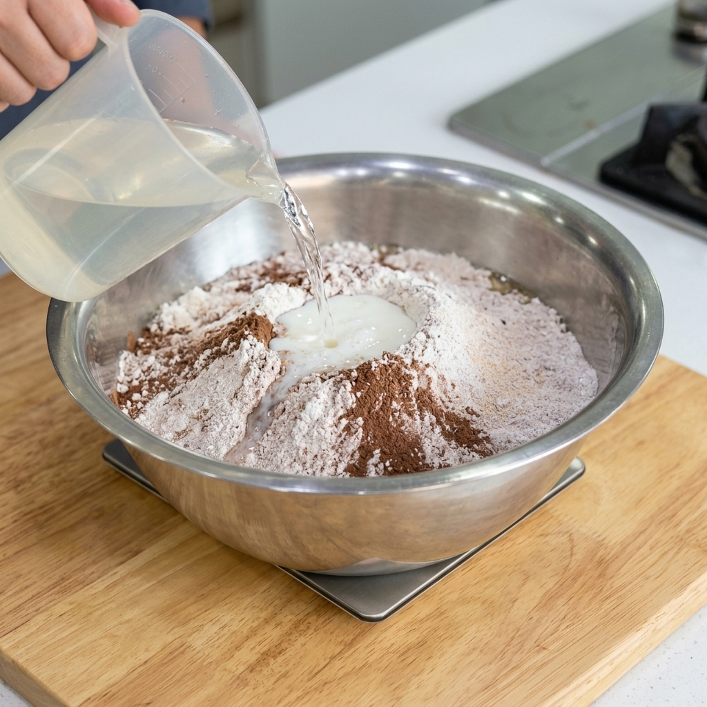 計量カップから粉の入ったボウルへ、ゆっくりと水を注いでいる様子。