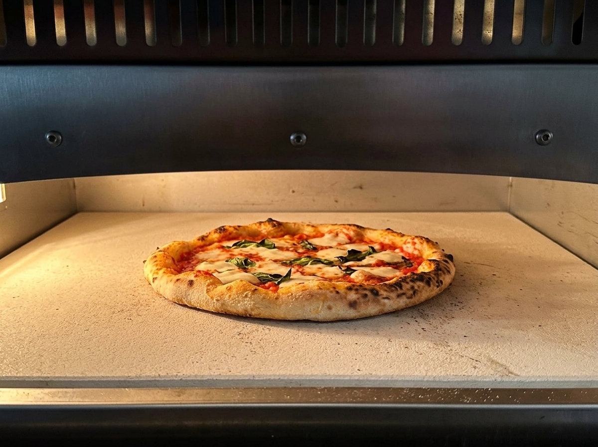 オーブンの中で生地が膨らみ焼き色がついていくピザ