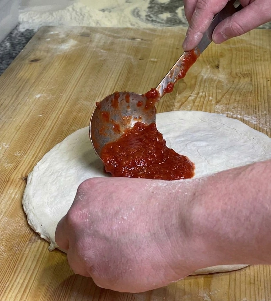 平らに伸ばした生のピザ生地に、スプーンを使って赤いトマトピューレを円を描くように塗り広げる様子。