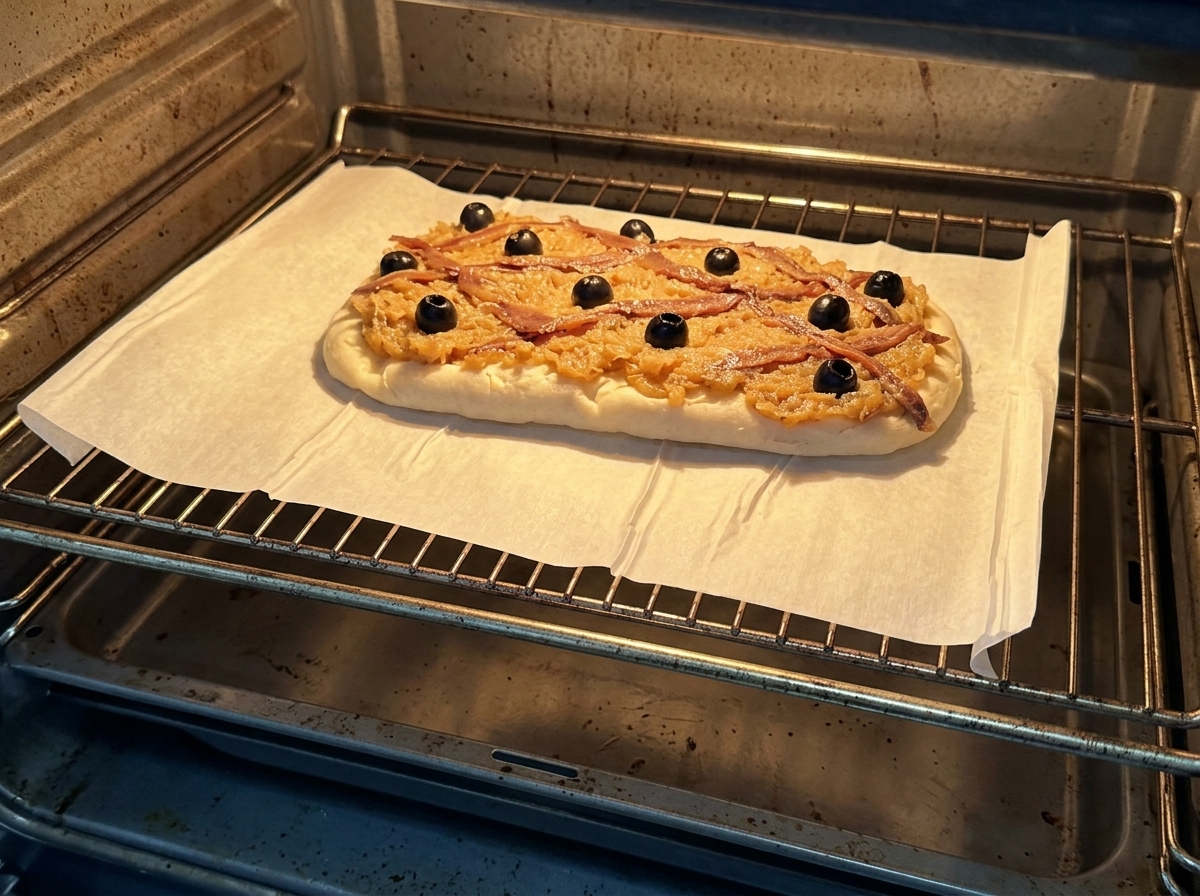 オーブンの中で黄金色に焼き上がっていくピサラディエール。